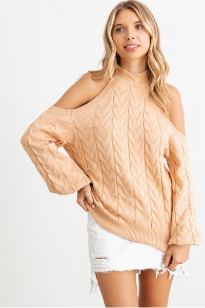 Cable Knit Mock Neck Cold Shoulder Long Sleeve Sweater