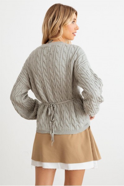 Cable Knit Wrap Tie Long Sleeve Sweater Cardigan