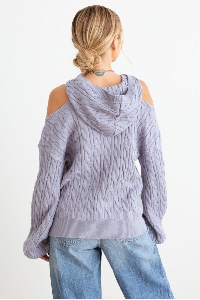 Slate Cable Knit Cold Shoulder Hooded Sweater