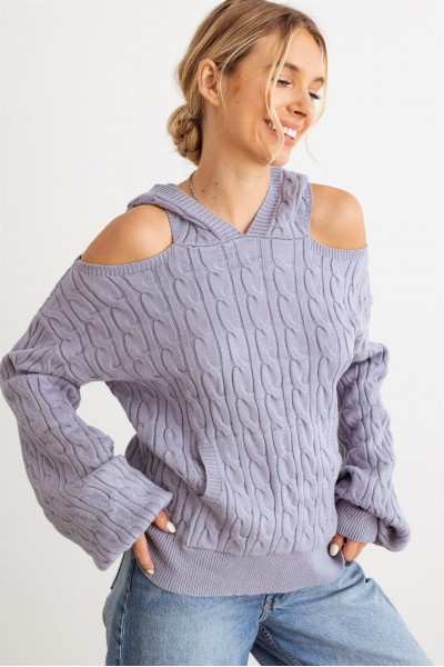 Slate Cable Knit Cold Shoulder Hooded Sweater