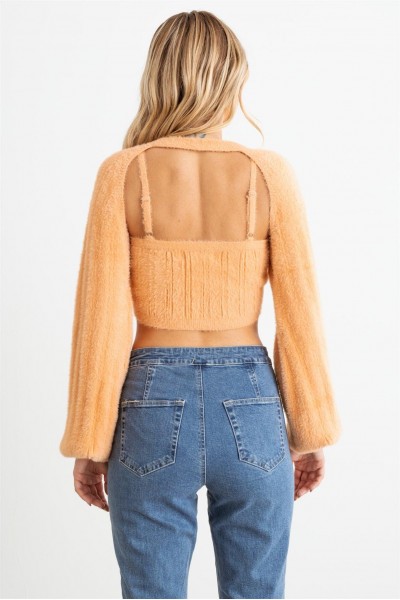 Ribbed Knit Crop Top & Long Sleeve Gold Chain Bolero Set