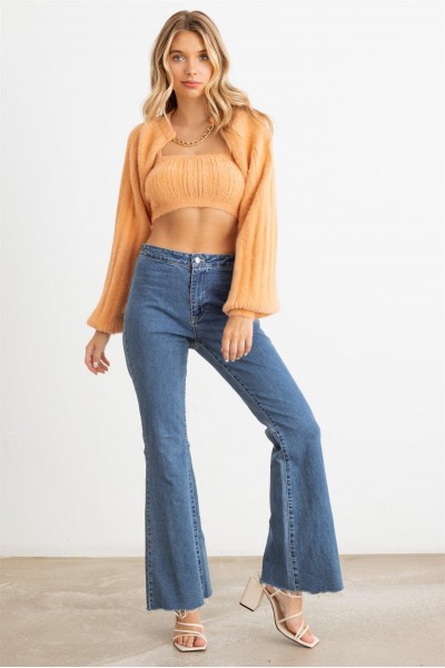 Ribbed Knit Crop Top & Long Sleeve Gold Chain Bolero Set