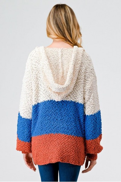 Multi Color Block Knit One Pocket Hooded Sweater /2-2-2