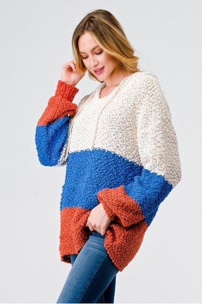 Multi Color Block Knit One Pocket Hooded Sweater /2-2-2