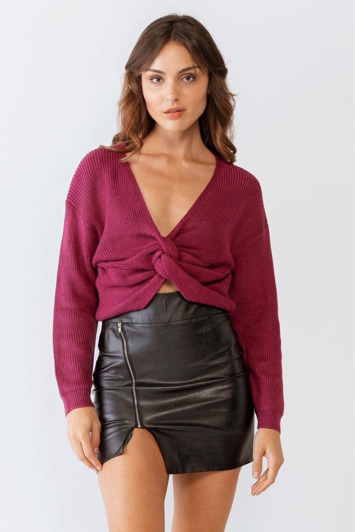 Berry Twisted Detail Long Sleeve Crop Kn...