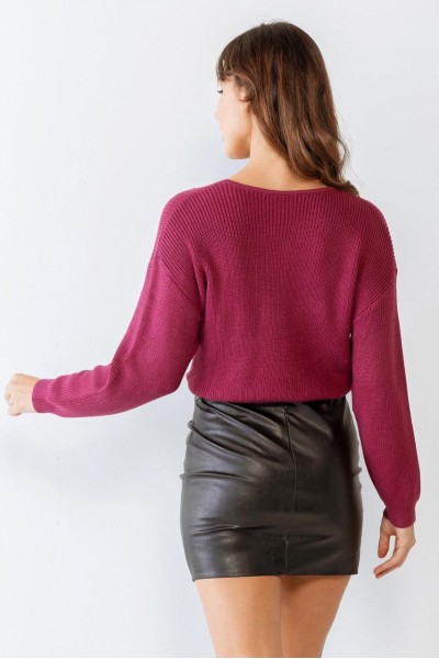 Berry Twisted Detail Long Sleeve Crop Knit Top /3-2-1