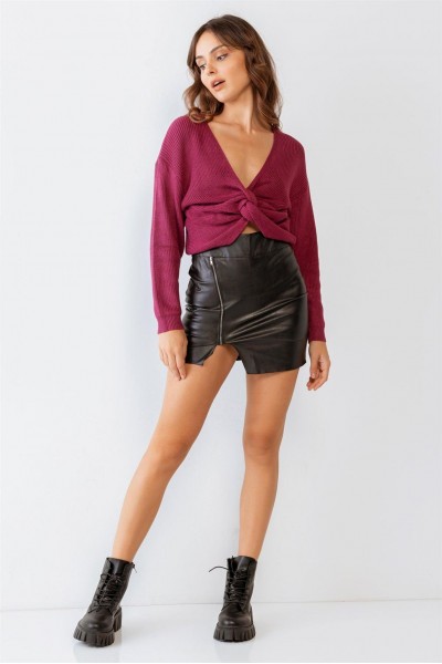 Berry Twisted Detail Long Sleeve Crop Knit Top /3-2-1