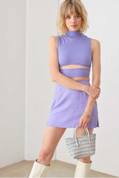 Ribbed Cut-Out Short Turtle Neck Sleeveless Crop Top