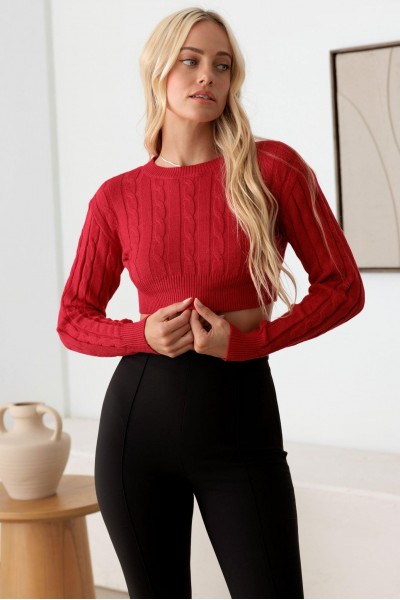 Cable Pattern Long Sleeve Crop Sweater Top