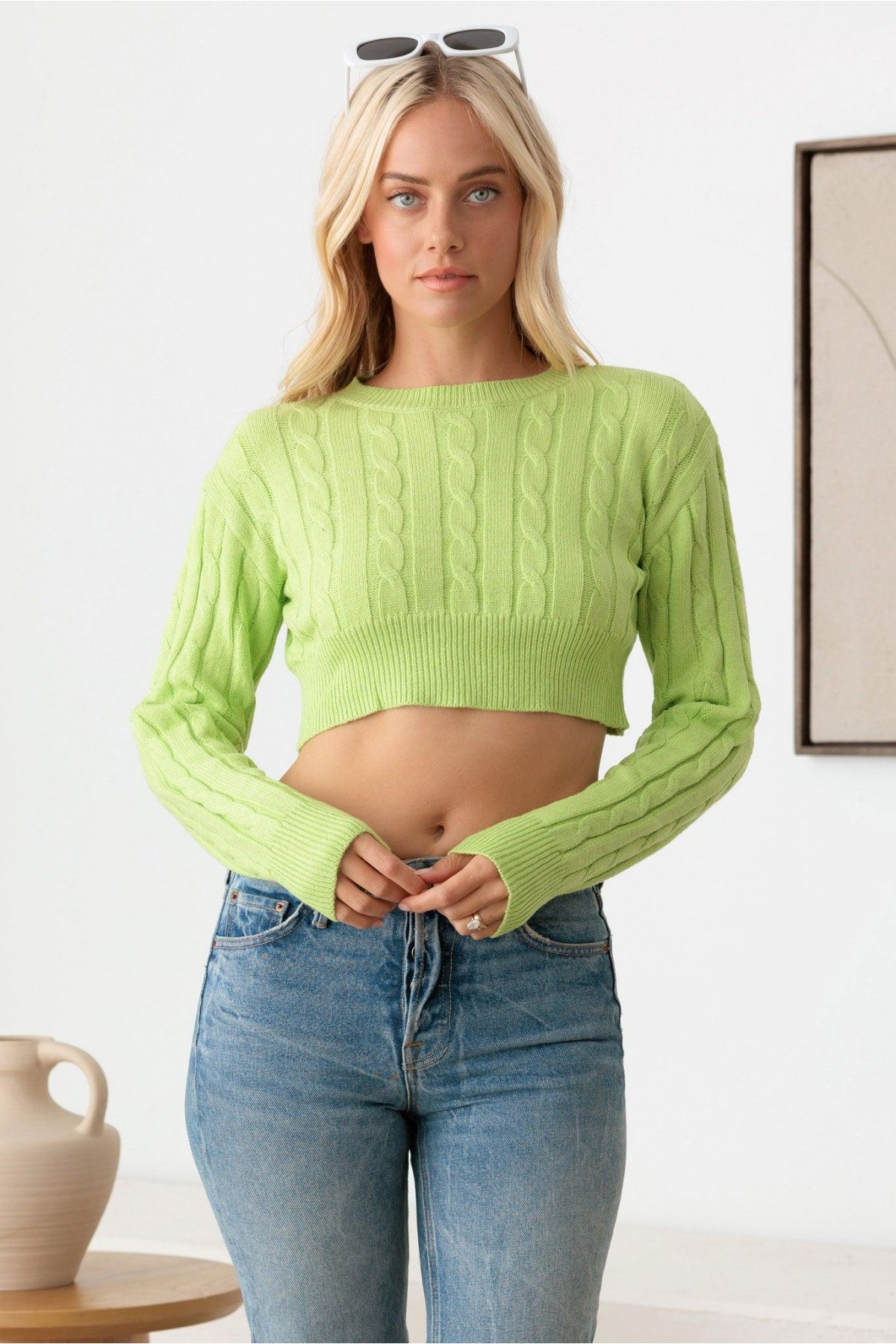 Cable Pattern Long Sleeve Crop Sweater T...