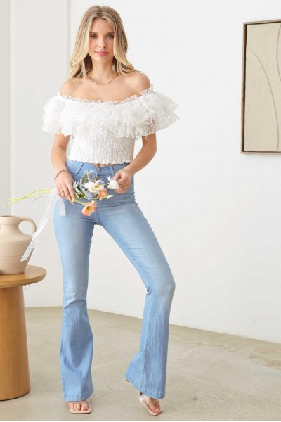 Ruffle Lace Smocked Off Crop Top