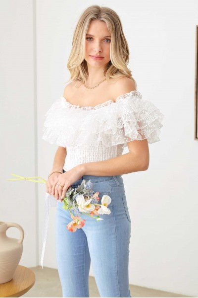 Ruffle Lace Smocked Off Crop Top