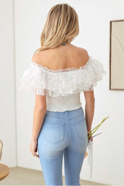 Ruffle Lace Smocked Off Crop Top