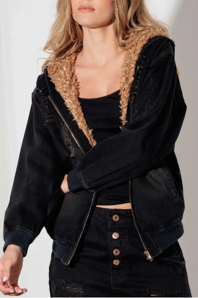 Black Sherpa-Lined Distressed Denim Hoodie Jacket