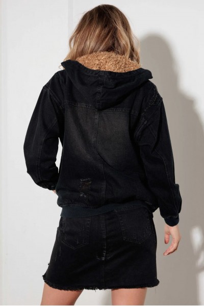 Black Sherpa-Lined Distressed Denim Hoodie Jacket