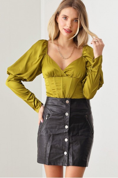 Shirring Puff Sleeve Smocked Back Corset Crop Top