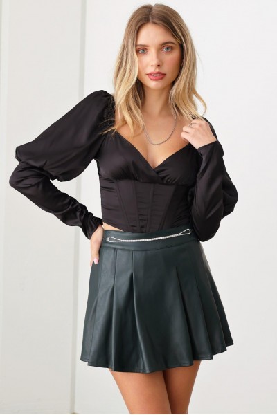 Shirring Puff Sleeve Smocked Back Corset Crop Top