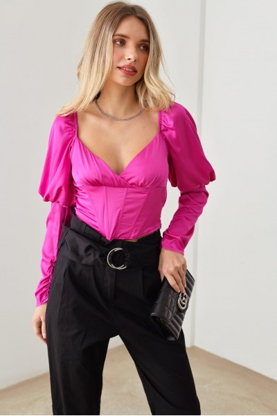 Shirring Puff Sleeve Smocked Back Corset Crop Top