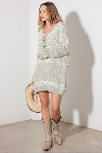 Relax Fit Mixed-Stitch Front Tie Tunic Sweater Dress