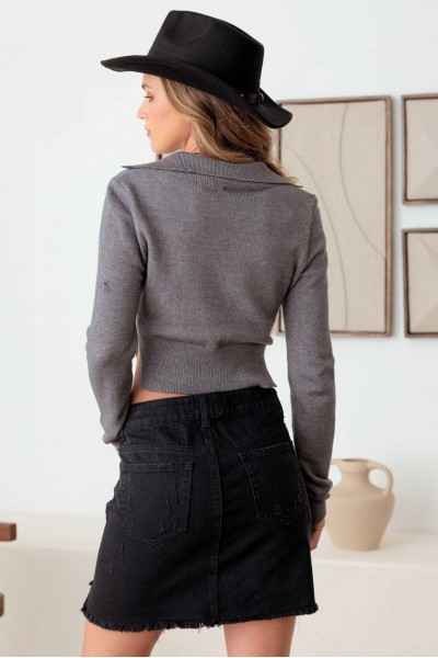 Cut Out Collared Crop Soft Long Sleeve Sweater Top