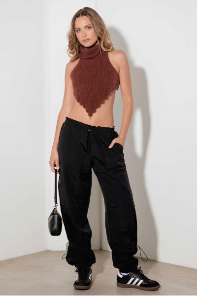 Fuzzy Cropped Turtleneck Backless Top Sweater