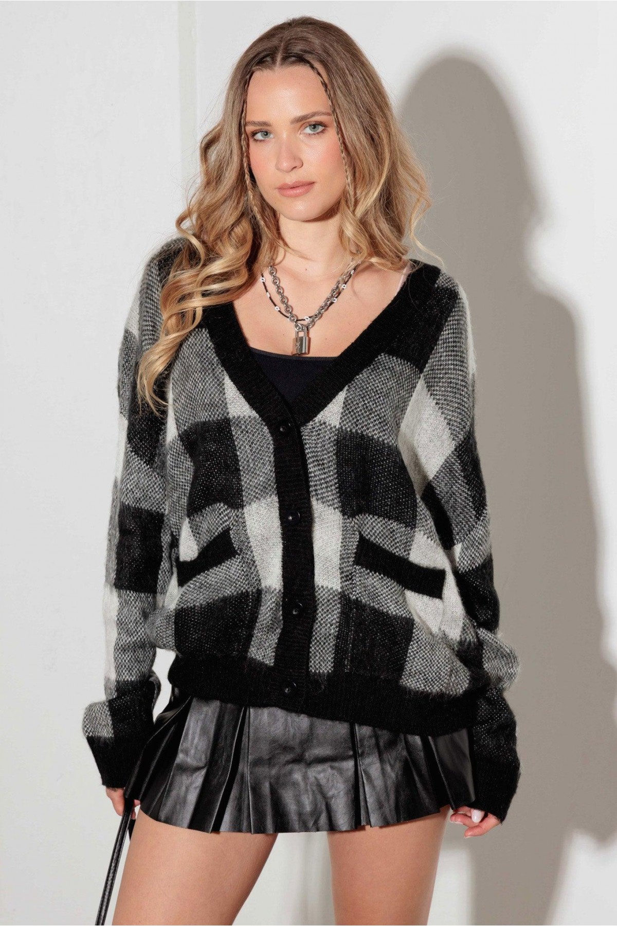 Checkered Two Pockets Knitted Sweater Ca...