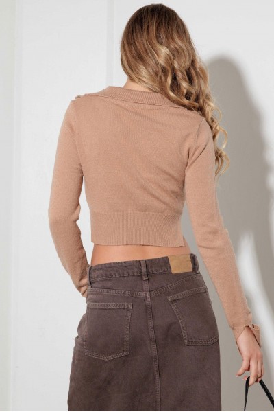 Cut Out Collared Crop Soft Long Sleeve Sweater Top