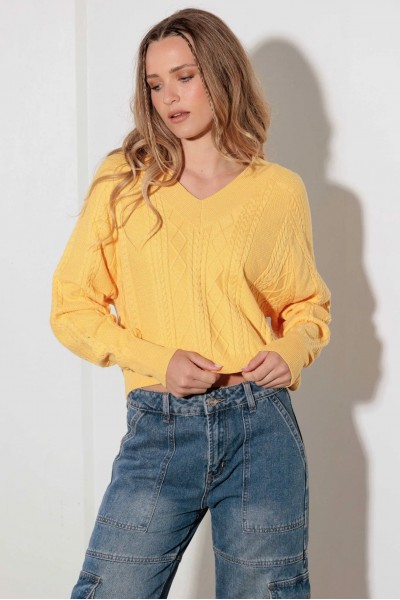 V-Neck Cable Pattern Crop Long Sleeve Sweater