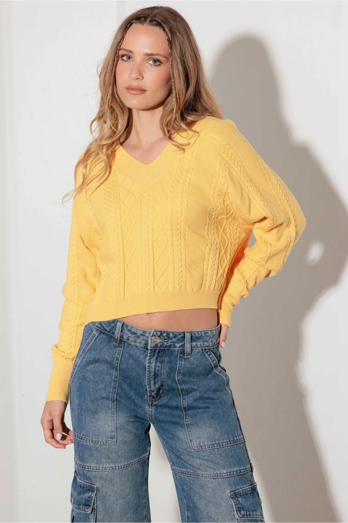 V-Neck Cable Pattern Crop Long Sleeve Sw...