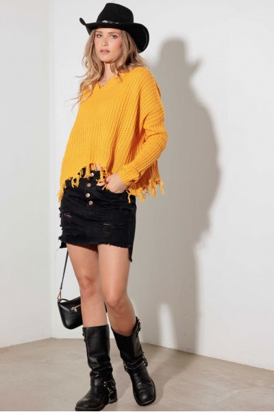 V-Neck Long Sleeve Destroyed Hem Sweater