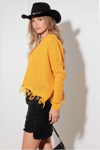 V-Neck Long Sleeve Destroyed Hem Sweater