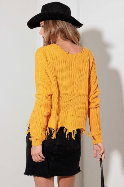 V-Neck Long Sleeve Destroyed Hem Sweater