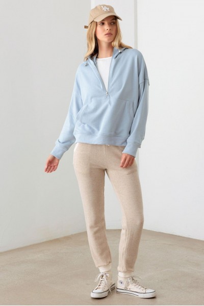 Blue Cotton Half Zip Drawstring Mock Neck Hoodie Top