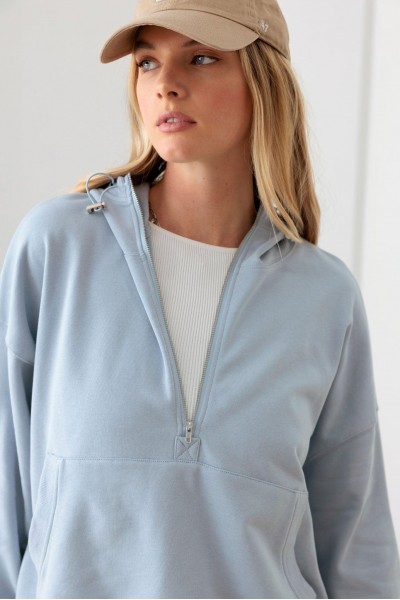 Blue Cotton Half Zip Drawstring Mock Neck Hoodie Top