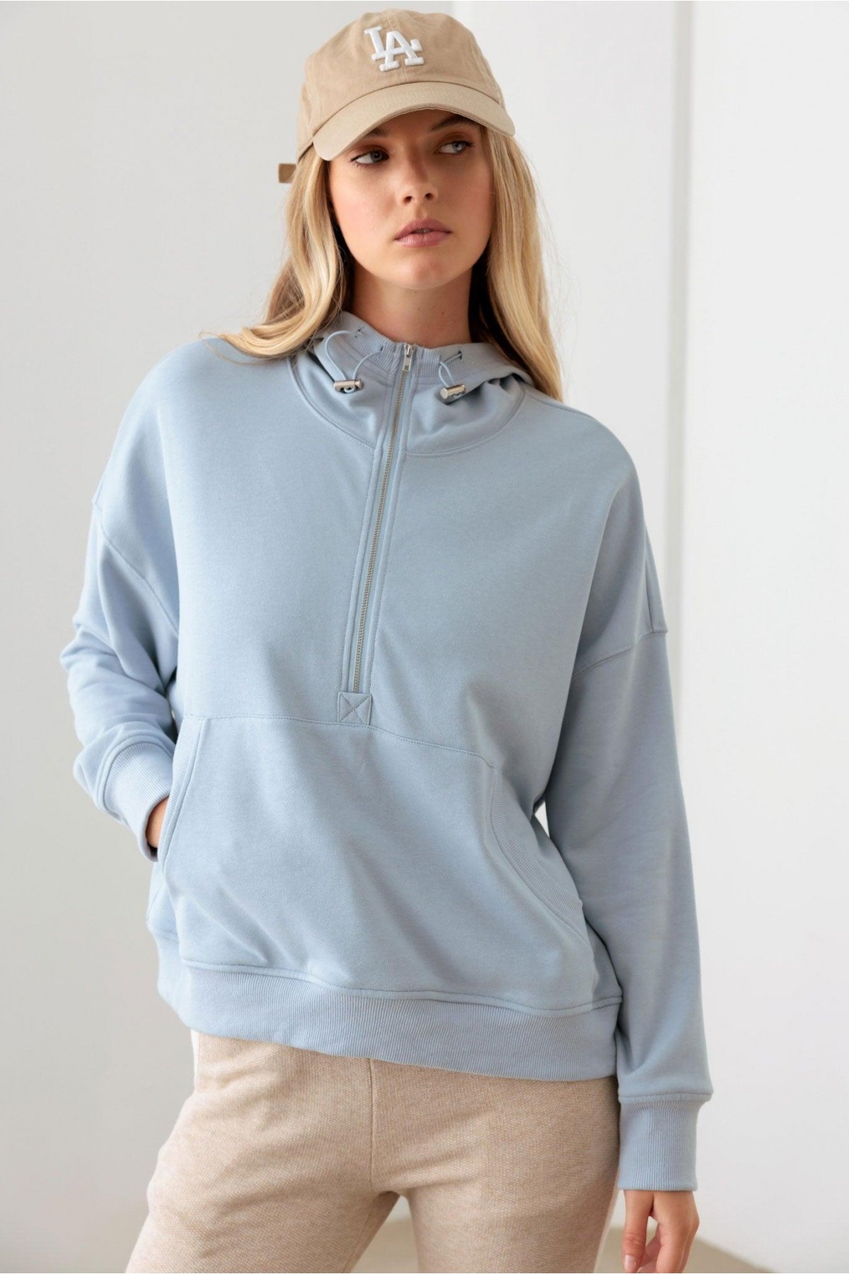 Blue Cotton Half Zip Drawstring Mock Nec...