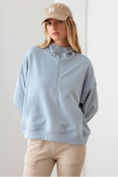 Blue Cotton Half Zip Drawstring Mock Neck Hoodie Top