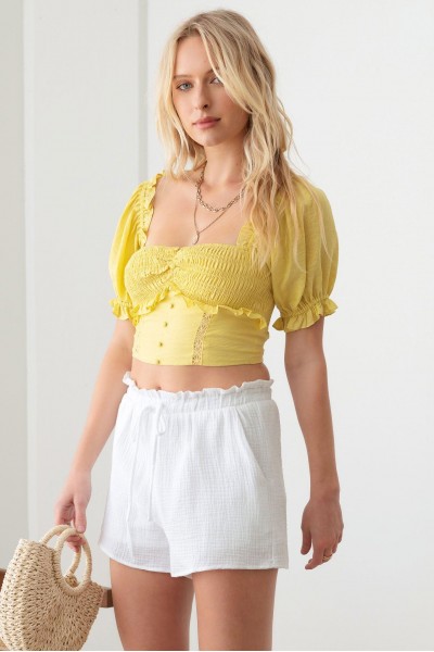 Embroidered Lace Smocked Crop Top